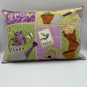 Garden Theme Quilted Accent Pillow Rectangle Watering Can Flower Pots Seeds